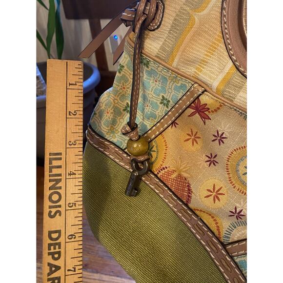 Fossil Patchwork Purse Canvas Rattan Wood Handle Detachable Leather Strap Pocket - Picture 11 of 11